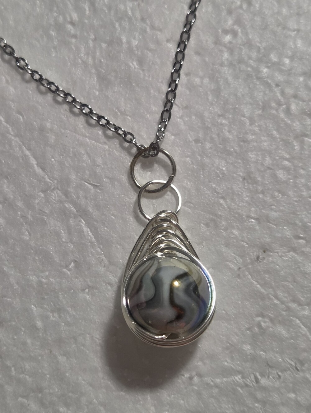 Handcrafted Silver Teardrop Pendant Necklace with Grey Marble Bead